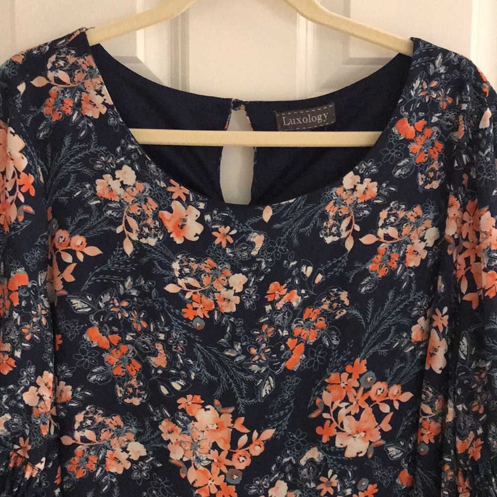 Luxology Spring Navy Blue Dress w/ Coral Pink Flowers Bell Sleeves Plus … - Picture 4 of 16